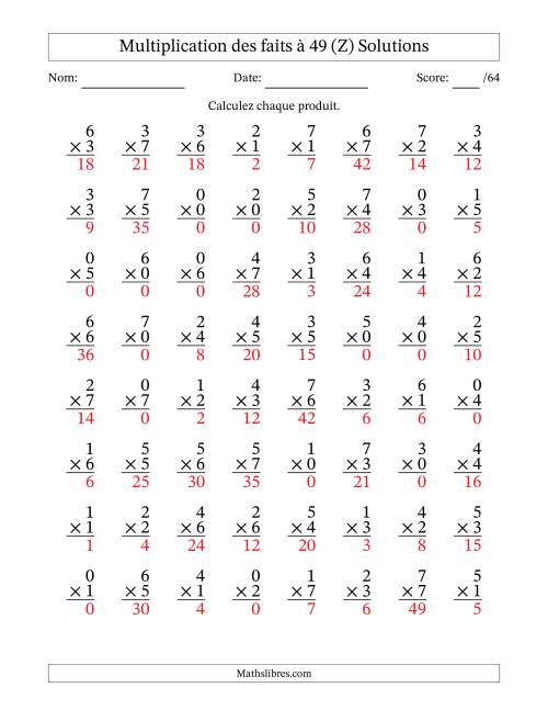 Multiplication des faits à 49 (64 Questions) (Avec Zeros) (Z) page 2