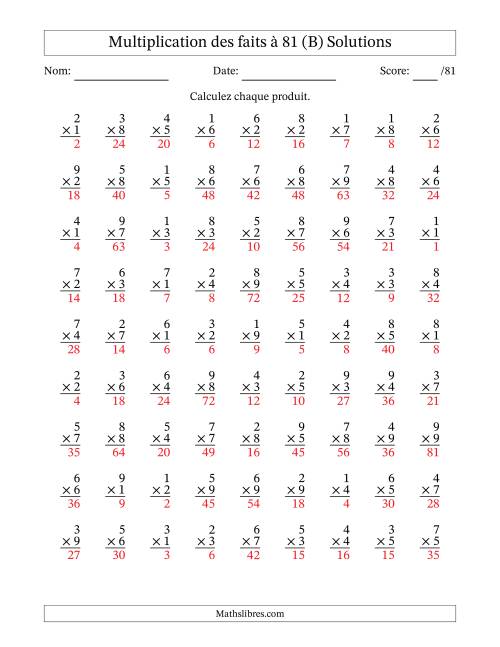 Multiplication des faits à 81 (81 Questions) (Pas de zéros) (B) page 2