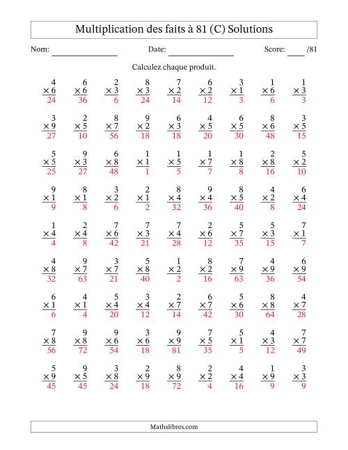 Multiplication des faits à 81 (81 Questions) (Pas de zéros) (C) page 2
