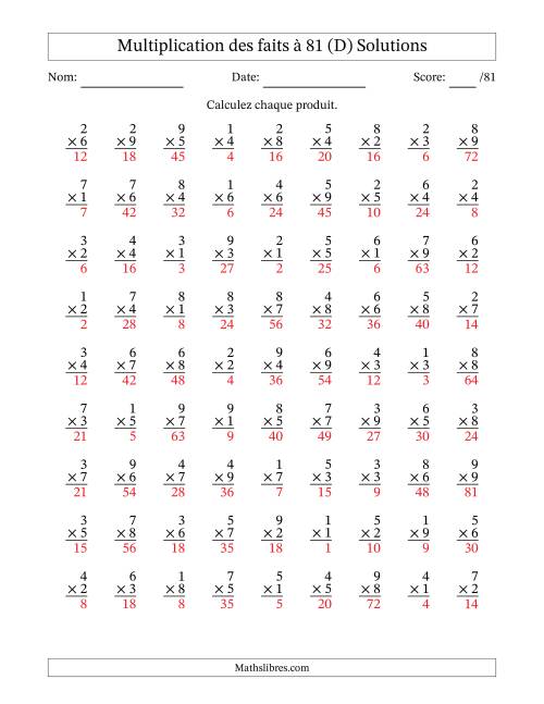 Multiplication des faits à 81 (81 Questions) (Pas de zéros) (D) page 2
