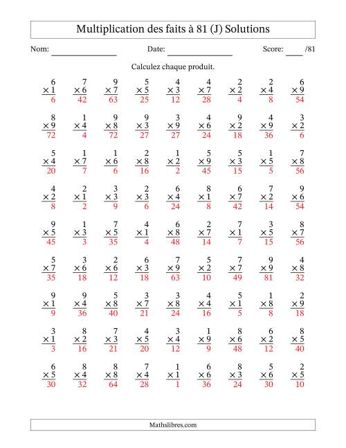 Multiplication des faits à 81 (81 Questions) (Pas de zéros) (J) page 2