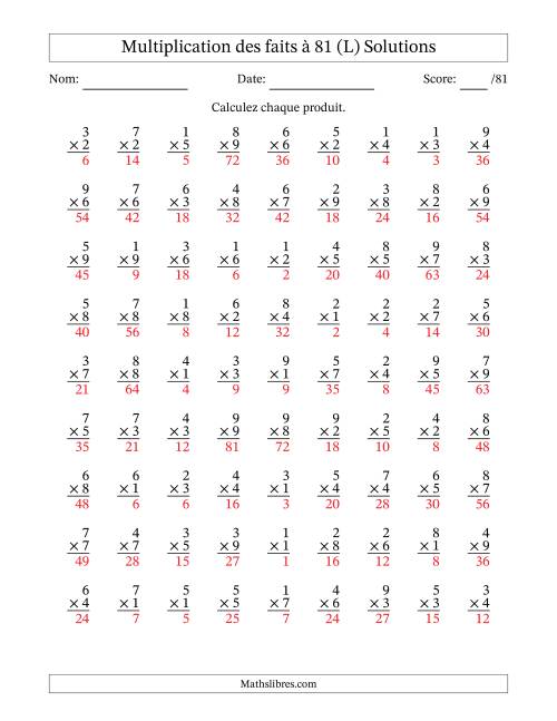 Multiplication des faits à 81 (81 Questions) (Pas de zéros) (L) page 2