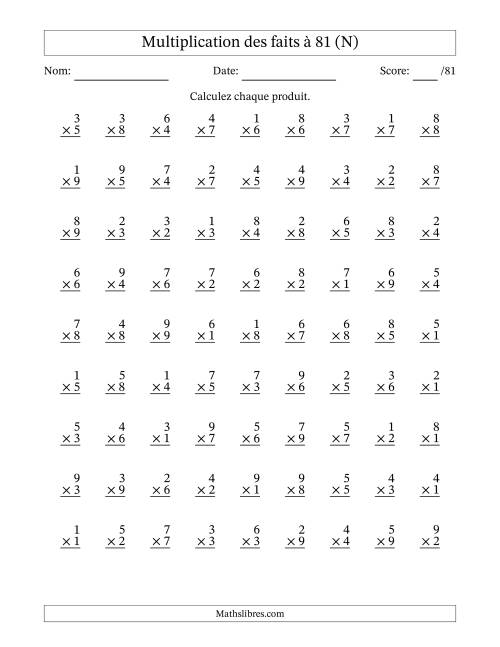 Multiplication des faits à 81 (81 Questions) (Pas de zéros) (N)