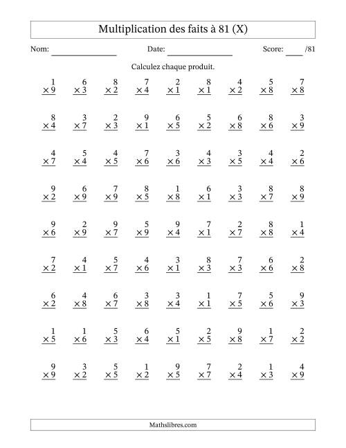 Multiplication des faits à 81 (81 Questions) (Pas de zéros) (X)