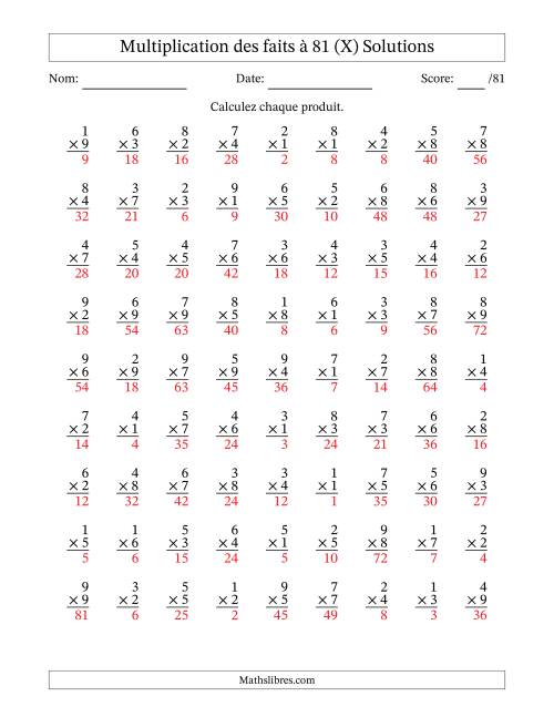 Multiplication des faits à 81 (81 Questions) (Pas de zéros) (X) page 2