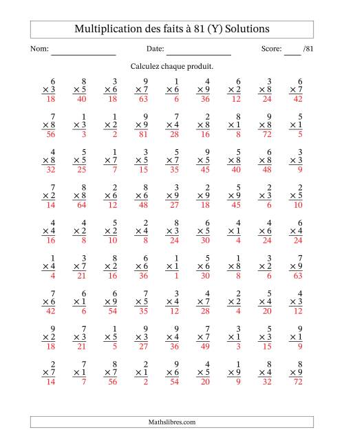Multiplication des faits à 81 (81 Questions) (Pas de zéros) (Y) page 2