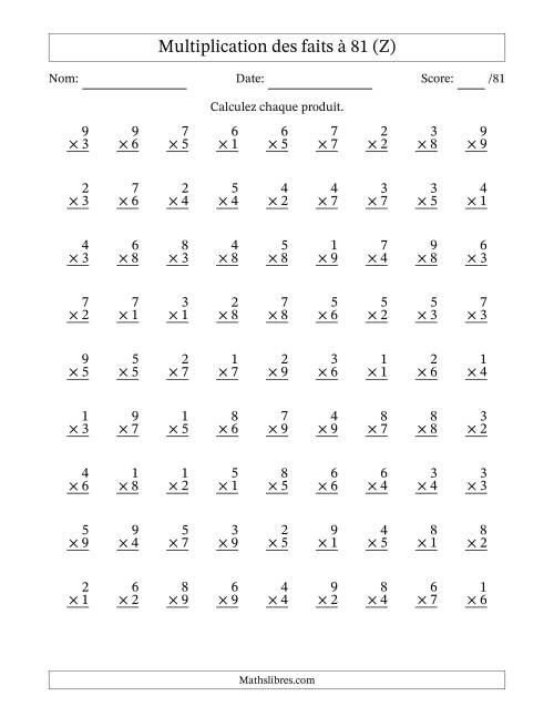Multiplication des faits à 81 (81 Questions) (Pas de zéros) (Z)