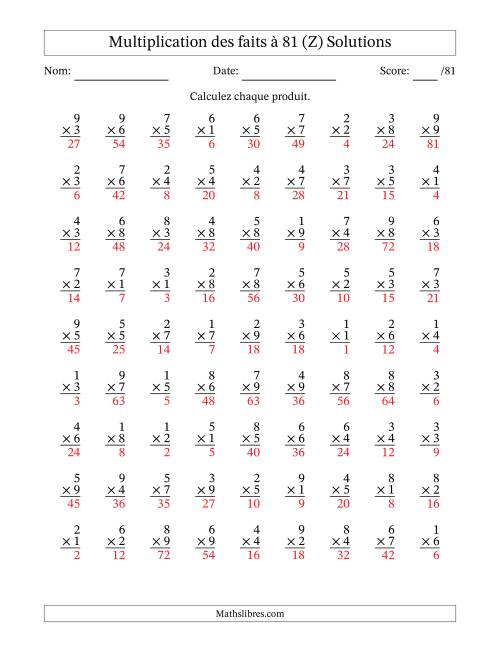 Multiplication des faits à 81 (81 Questions) (Pas de zéros) (Z) page 2