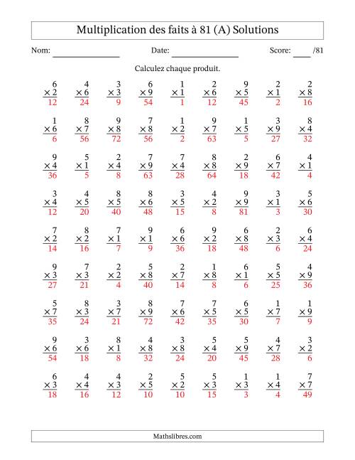 Multiplication des faits à 81 (81 Questions) (Pas de zéros) (Tout) page 2