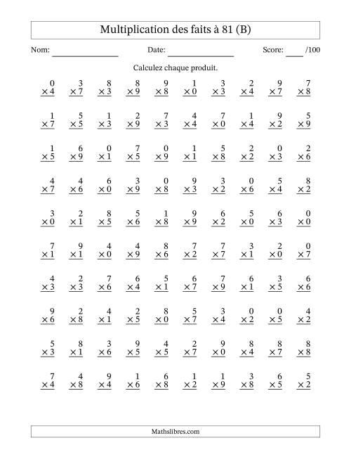 Multiplication des faits à 81 (100 Questions) (Avec zéros) (B)