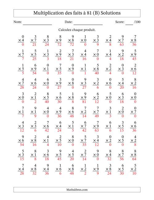 Multiplication des faits à 81 (100 Questions) (Avec zéros) (B) page 2