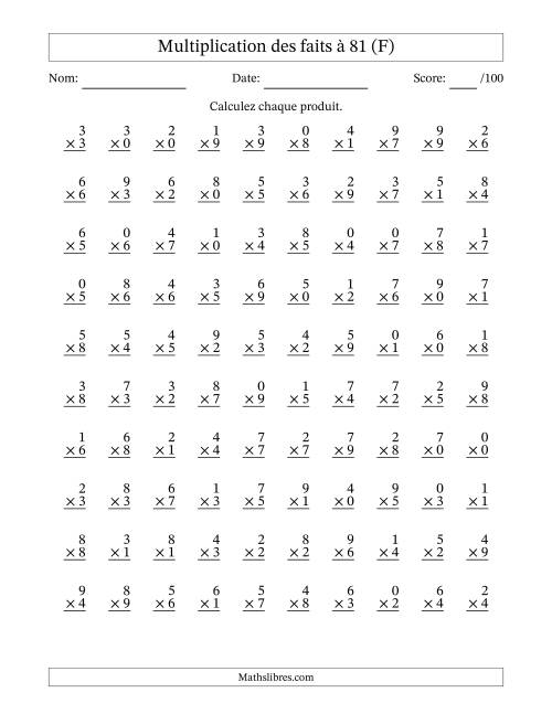 Multiplication des faits à 81 (100 Questions) (Avec zéros) (F)