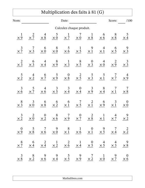 Multiplication des faits à 81 (100 Questions) (Avec zéros) (G)