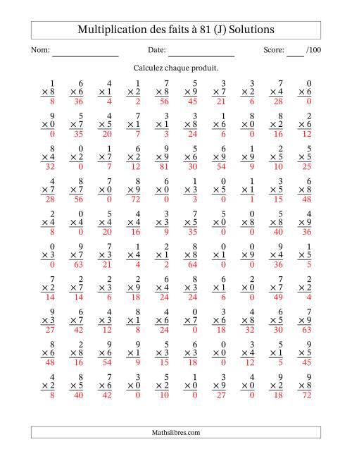 Multiplication des faits à 81 (100 Questions) (Avec zéros) (J) page 2