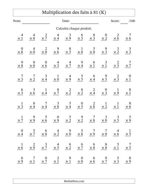 Multiplication des faits à 81 (100 Questions) (Avec zéros) (K)