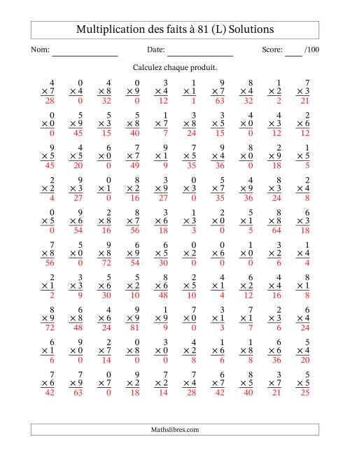 Multiplication des faits à 81 (100 Questions) (Avec zéros) (L) page 2