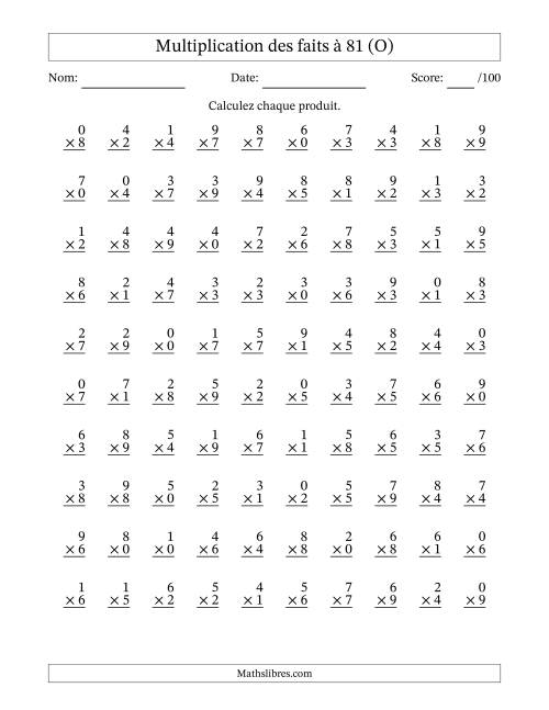 Multiplication des faits à 81 (100 Questions) (Avec zéros) (O)