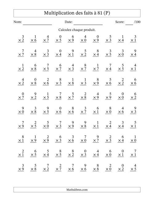 Multiplication des faits à 81 (100 Questions) (Avec zéros) (P)