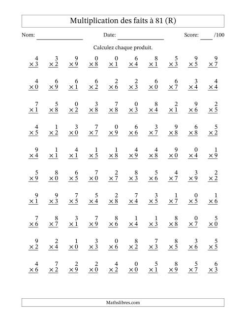 Multiplication des faits à 81 (100 Questions) (Avec zéros) (R)