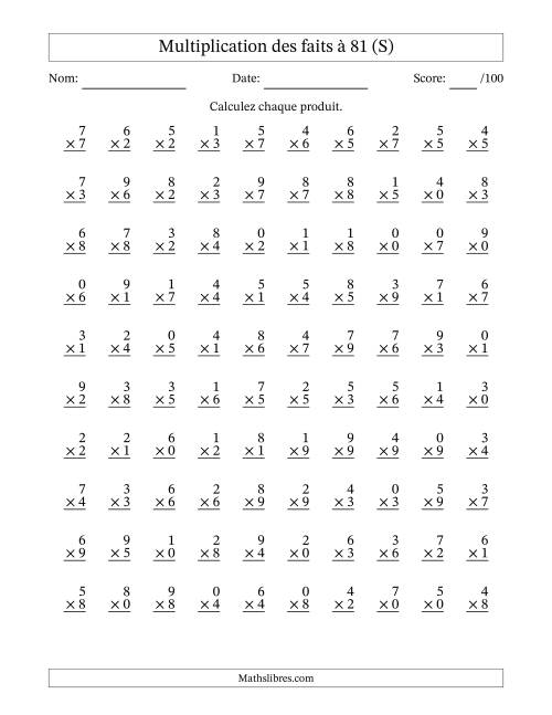 Multiplication des faits à 81 (100 Questions) (Avec zéros) (S)