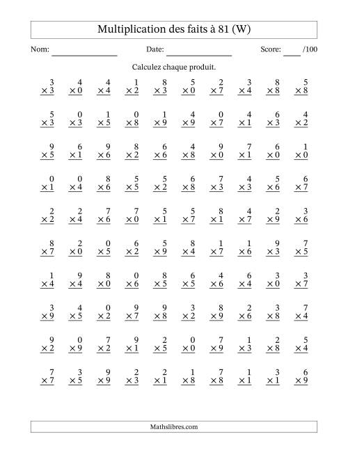 Multiplication des faits à 81 (100 Questions) (Avec zéros) (W)