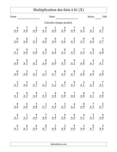 Multiplication des faits à 81 (100 Questions) (Avec zéros) (X)