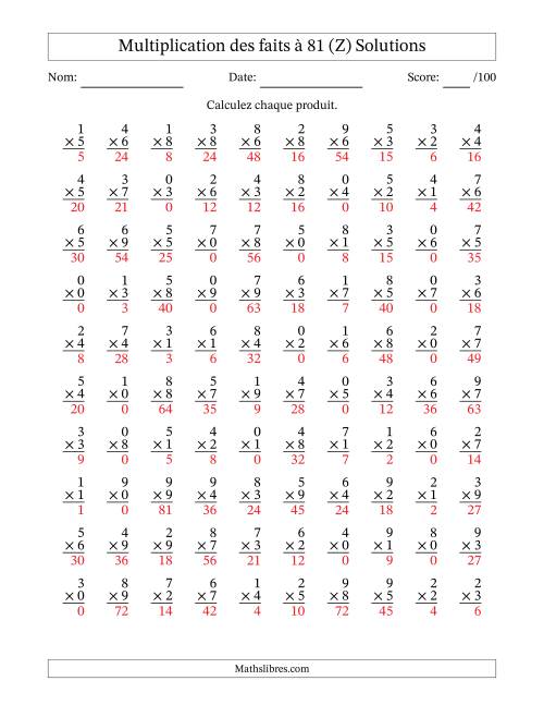 Multiplication des faits à 81 (100 Questions) (Avec zéros) (Z) page 2