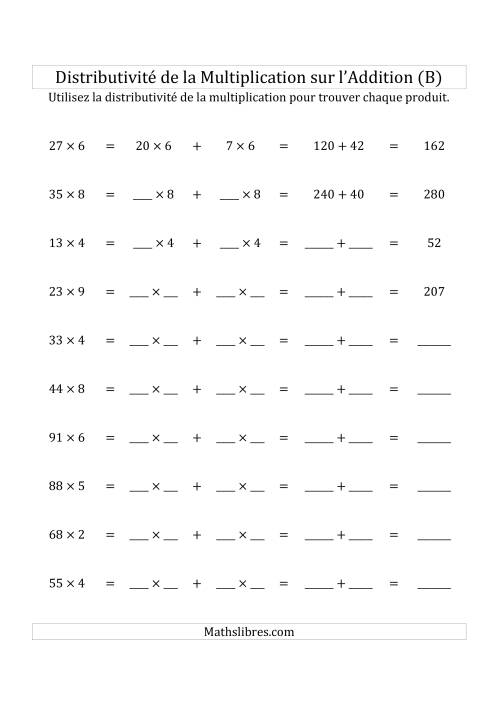 Multiplication de Nombres à 2 Chiffres par des Nombres à 1 Chiffre (B)