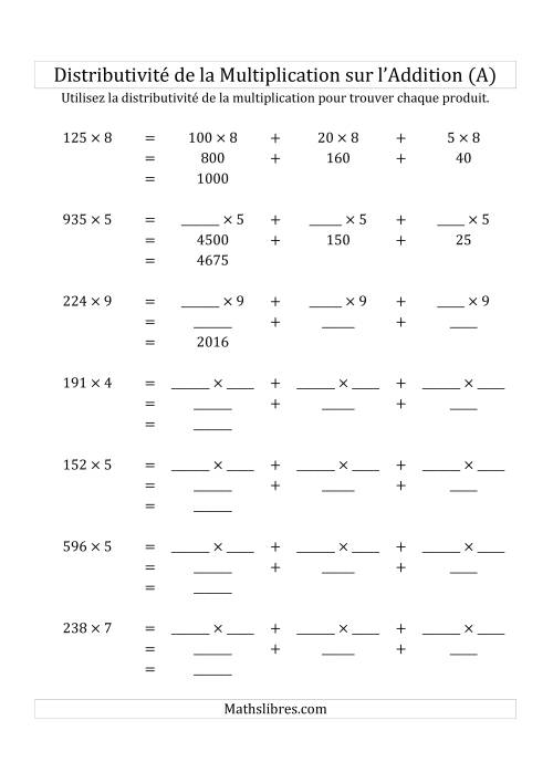 Multiplication de Nombres à 3 Chiffres par des Nombres à 1 Chiffre (A)