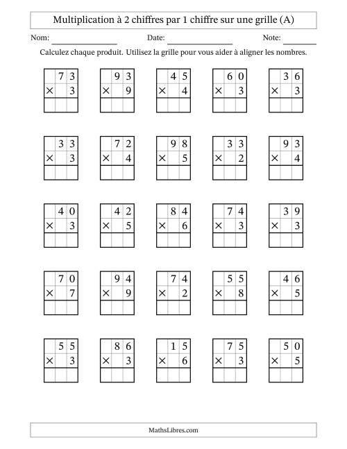 Multiplication de Nombres à 2 Chiffres par des Nombres à 1 Chiffre (A)
