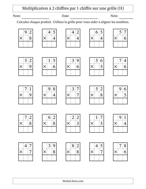 Multiplication à 2 chiffres par 1 chiffre avec le support d'une grille (H)