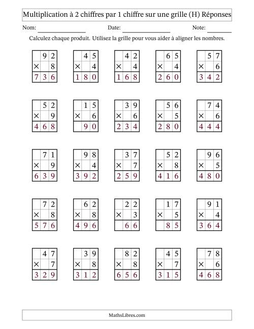Multiplication à 2 chiffres par 1 chiffre avec le support d'une grille (H) page 2