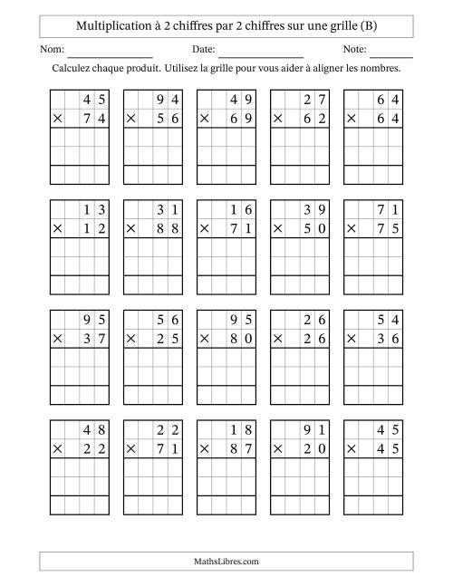 Multiplication de Nombres à 2 Chiffres par des Nombres à 2 Chiffres (B)