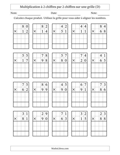 Multiplication de Nombres à 2 Chiffres par des Nombres à 2 Chiffres (D)