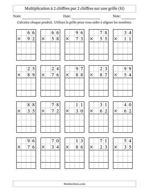 Multiplication à 2 chiffres par 2 chiffres avec le support d'une grille (H)
