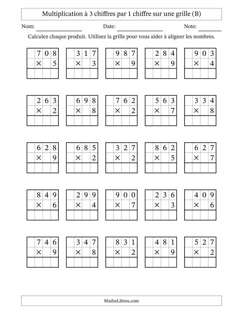 Multiplication à 3 chiffres par 1 chiffre avec le support d'une grille (B)