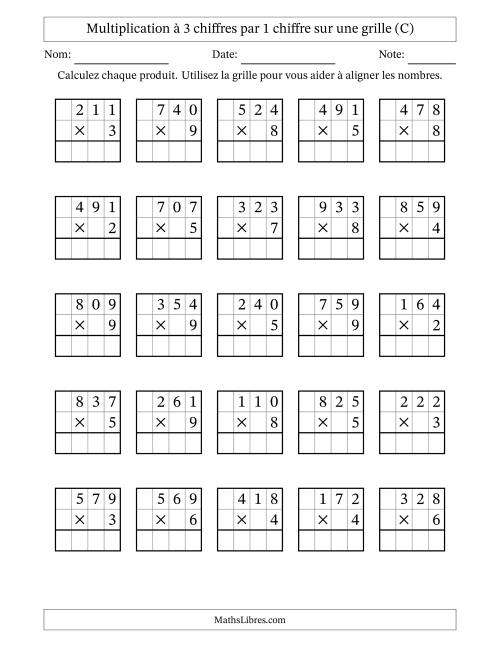 Multiplication de Nombres à 3 Chiffres par des Nombres à 1 Chiffre (C)