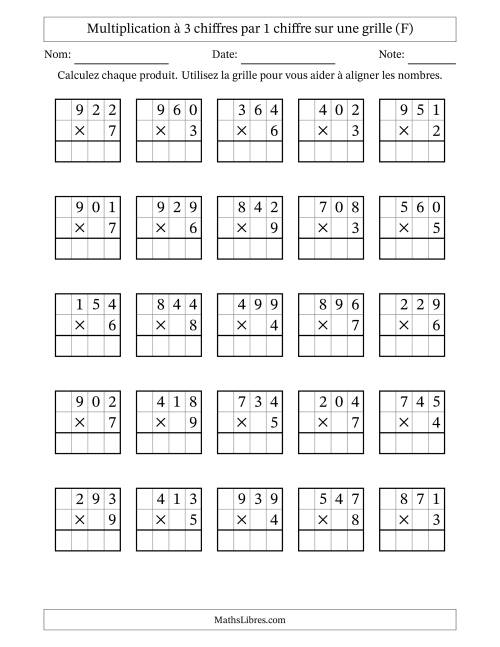 Multiplication de Nombres à 3 Chiffres par des Nombres à 1 Chiffre (F)