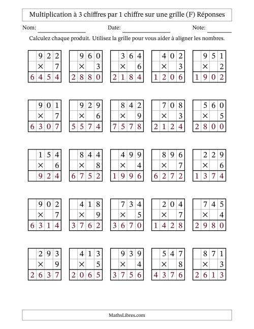 Multiplication de Nombres à 3 Chiffres par des Nombres à 1 Chiffre (F) page 2