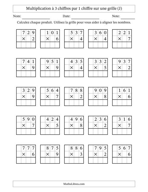 Multiplication de Nombres à 3 Chiffres par des Nombres à 1 Chiffre (J)