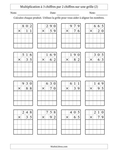 Multiplication à 3 chiffres par 2 chiffres avec le support d'une grille (J)