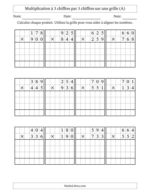 Multiplication à 3 chiffres par 3 chiffres avec le support d'une grille (A)