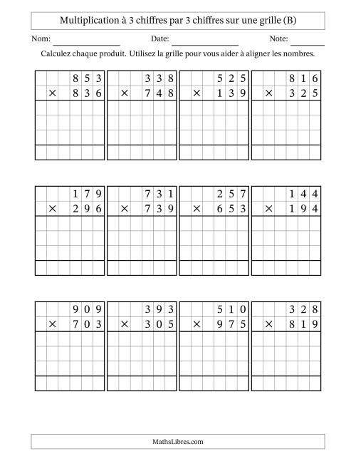 Multiplication à 3 chiffres par 3 chiffres avec le support d'une grille (B)