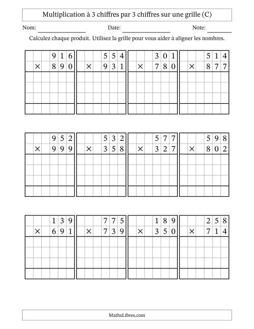 Multiplication à 3 chiffres par 3 chiffres avec le support d'une grille (C)