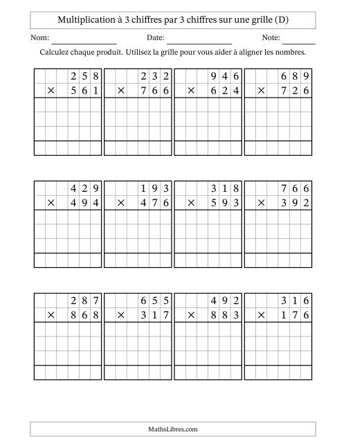 Multiplication à 3 chiffres par 3 chiffres avec le support d'une grille (D)