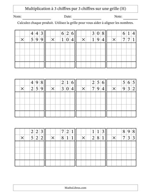 Multiplication à 3 chiffres par 3 chiffres avec le support d'une grille (H)