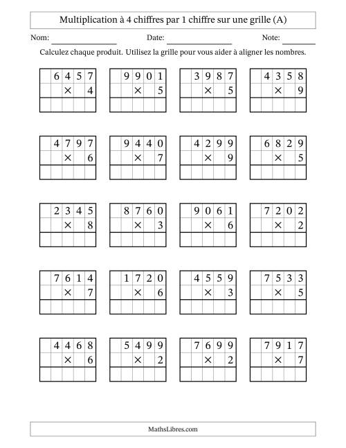 Multiplication de Nombres à 4 Chiffres par des Nombres à 1 Chiffre (A)
