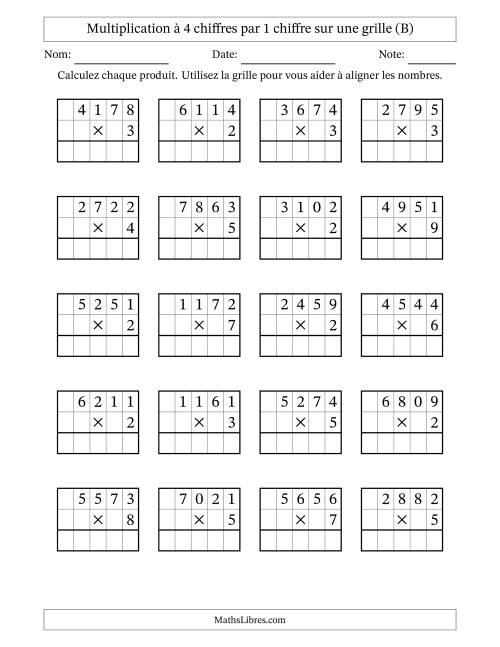 Multiplication à 4 chiffres par 1 chiffre avec le support d'une grille (B)