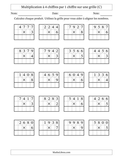 Multiplication à 4 chiffres par 1 chiffre avec le support d'une grille (C)