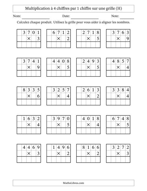 Multiplication à 4 chiffres par 1 chiffre avec le support d'une grille (H)